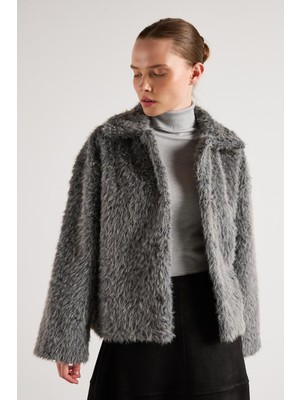 Minaaise Pelüş Kısa Astarsız Düğmeli Kaban Gri