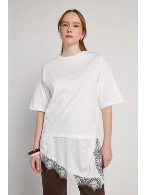 Minaaise Dantelli Kombine T-Shirt Ekru