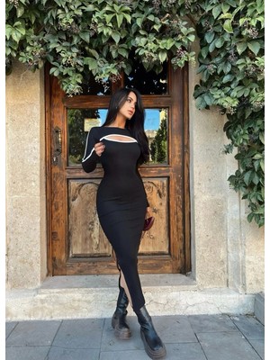 Bigümex Siyah Yaka Pencereli Uzun Kaşkorse Elbise