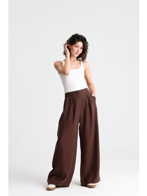 Minaaise Kadın Kahve Premium Tensel Kumaş Palazzo Pantalon 31074