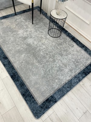 Brillant Gri-Koyu Mavi Jüt Sisal Görünüm Bordürlü Kaymaz Taban Yolluk Mutfak Halı