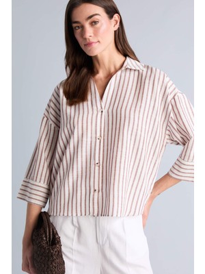 DeFacto Oversıze Kaçık Yaka Çizgili Keten Görünümlü Uzun Kollu GÖMLEK H5380AX26SM