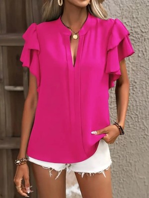 Lunelis Kadın Kısa Kollu V Hakim Yaka Kolları Fırfırlı Dubai Bluz