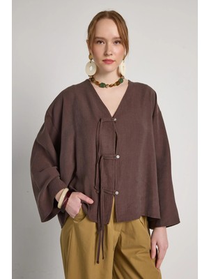 Minaaise Bağlamalı Premium Tensel Kimono Kahverengi