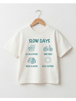 Babytex Unisex Bisiklet Yaka Slow Days Baskılı %100 Pamuklu Oversize Tişört Bebek-Çocuk