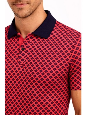 Giyim Center Erkek Pike Kumaş Polo Yaka Desenli Tişört Kısa Kol Yazlık T-Shirt - Kırmızı