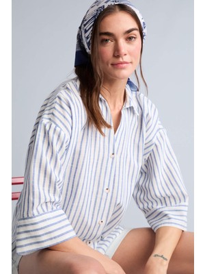 DeFacto Oversıze Kaçık Yaka Çizgili Keten Görünümlü Uzun Kollu GÖMLEK H5380AX26SM