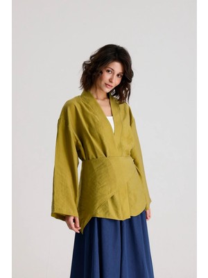 Minaaise Yağ Yeşili Tensel Kumaş Premium Kruvaze Kapama Kimono 31073