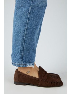 Manijero Tuubi Kadın Hakiki Deri Pileli Loafer Kahve Ayakkabı