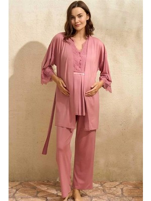 bebekokusu Sıfır Kol V Yaka Kadın Viskon Düz Yazlık Uzun Dantel Detaylı Hamile Pijama Takımı Sabahlık
