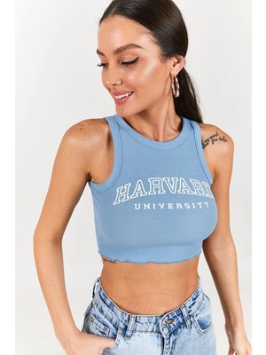 Armonika Kadın Indigo Bisiklet Yaka Yazılı Crop Bluz ARM-22Y123018
