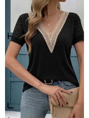 Nidam Butik Kadın Kısa Kollu V Yakalı Dantel Detaylı Viskon Bluz