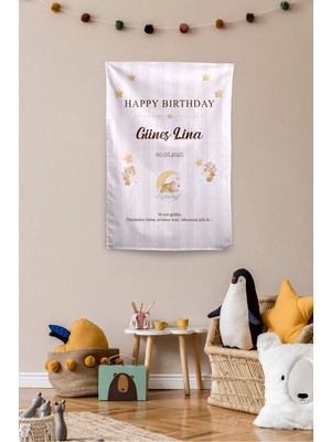 Vagonik Kişiye Özel Doğum Günü Ayıcık Temalı Happy Birthday Duvar Örtüsü Duvar Halısı Birinci Kalite Kumaş