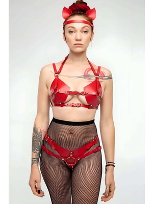 bebekokusu Fantazi Deri Sütyen ve Külot Takım, Kulaklık Detaylı Harness - BRF871
