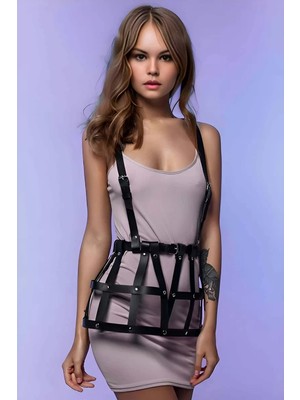 bebekokusu Kafes Tasarımlı Askılı Mini Elbise Üzeri Deri Harness - BRF1252