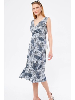 Armonika Kadın Gri Desenli Beli ve Omzu Lastikli Kruvaze Yaka Midi Boy Eteği Elbise ARM-24Y001052