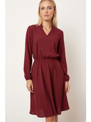 Armonika Kadın Bordo V Yaka Beli Lastikli Kloş Elbise ARM-26K001094
