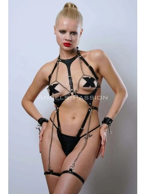 bebekokusu Zincir Detaylı Body Deri Harness, Kelepçeli Fantezi Iç Giyim - BRF1098