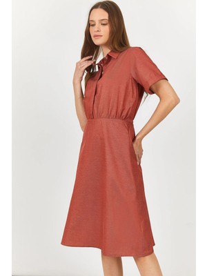 Armonika Kadın Kiremit Kısa Kol Beli Lastikli Elbise ARM-23Y001070