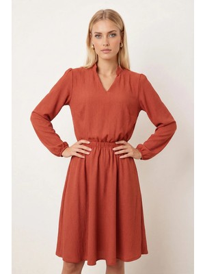 Armonika Kadın Kiremit V Yaka Beli Lastikli Kloş Elbise ARM-26K001094