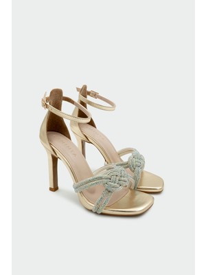 Laminta Guide Taşlı Düğüm Detaylı Kadın Gold Topuklu Ayakkabı