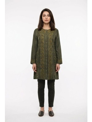 Eliş Şile Bezi Uzun Katlanabilir Kol Inka Düğmeli Yazlık Otantik Nakışlı Poplin Tunik Haki Hk