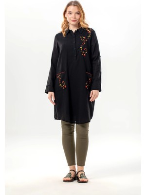 Eliş Şile Bezi Uzun Kol Sevim Düğmeli Klasik Yaka Çift Cepli Şile Bezi Nakışlı Tunik Siyah Syh