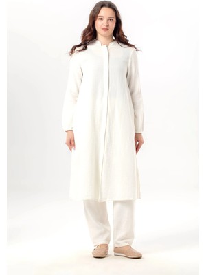 Eliş Şile Bezi Uzun Kol Yaren Hakim Yaka Yazlık Müslin Tunik Kırık Beyaz Krkbyz
