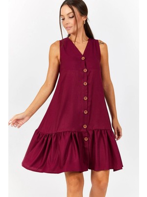 Armonika Kadın Mürdüm Eteği Fırfırlı Önü Düğmeli Kolsuz Elbise ARM-22Y001153