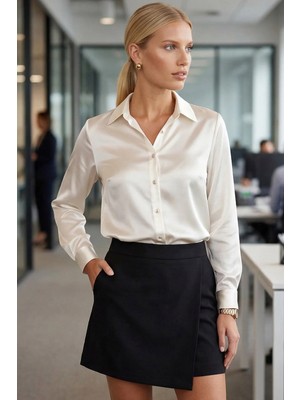 Armonika Kadın Beyaz Uzun Kollu Saten Gömlek ARM-26K001096