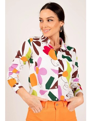 Armonika Kadın Turuncu Renkli Geometrik Şekilli Uzun Kol Gömlek ARM-22K001134