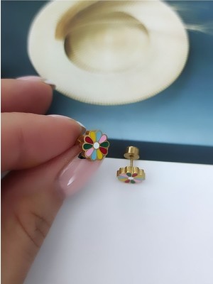 PremiumPort Renkli Çiçekli Kız Çocuk Çelik Küpe, Şık ve Hafif Takım