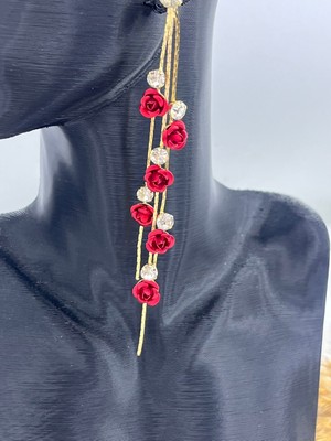 PremiumPort Kırmızı Gül Detaylı Sallantılı Zirkon Taşlı Şık Altın Çelik Küpe