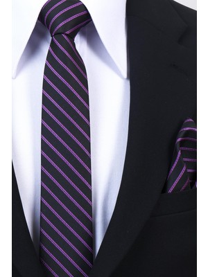 Esgue Hand Made 6 cm Slim Çizgili Desen Siyah Mor Renk Mendilli Ince Kravat