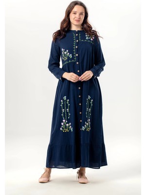 Eliş Şile Bezi Uzun Kol Neşe Nakış Detaylı Boydan Düğmeli Yazlık Şile Bezi Uzun Elbise Lacivert Lcvt
