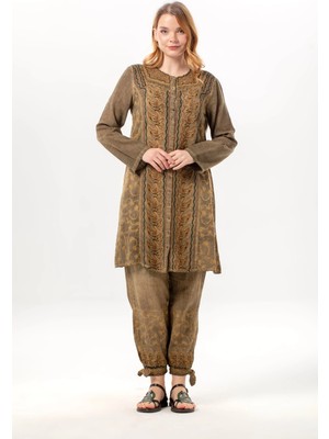 Eliş Şile Bezi Uzun Katlanabilir Kol Inka Düğmeli Yazlık Otantik Nakışlı Poplin Tunik Toprak Tprk