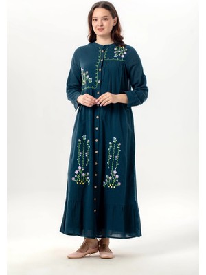 Eliş Şile Bezi Uzun Kol Neşe Nakış Detaylı Boydan Düğmeli Yazlık Şile Bezi Uzun Elbise Petrol Ptrl