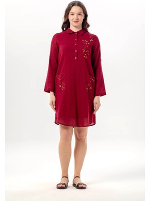 Eliş Şile Bezi Uzun Kol Sevim Düğmeli Klasik Yaka Çift Cepli Şile Bezi Nakışlı Tunik Bordo Brd