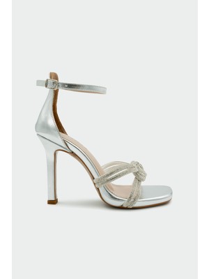 Laminta Guide Taşlı Düğüm Detaylı Kadın Silver  Topuklu Ayakkabı