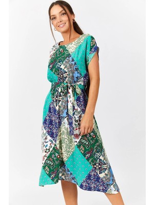 Armonika Kadın Mint Etnik Desen Beli Lastikli Bağlamali Elbise ARM-21K001249