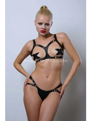 bebekokusu Göğüsleri Açık Şık Deri Sütyen Harness Takım, Fantezi Deri Iç Giyim - BRF1101