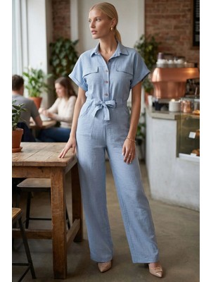 Armonika Kadın Bebe Mavi Önden Düğmeli Beli Kuşaklı Cepli Yarasa Kol Palazzo Tulum ARM-24Y001105