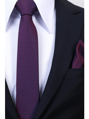 Esgue Hand Made 6 cm Slim Mini Desenli Bordo Mavi Renk Mendilli Ince Kravat