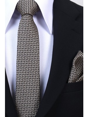 Esgue Hand Made 6 cm Slim Geometrik Desen Siyah Bej Renk Mendilli Ince Kravat