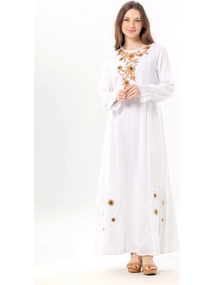 Eliş Şile Bezi Uzun Kol Aysu Nakışlı Bisiklet Yaka Şile Bezi Yazlık Uzun Elbise Beyaz Byz