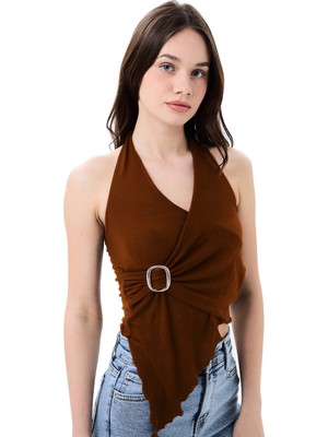 Vesantia Kadın Acı Kahve Tokalı Boyundan Bağlamalı Kolsuz Drapeli Örme Viskon Süprem Bluz