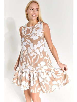 Armonika Kadın Vizon Desenli Eteği Fırfırlı Kolsuz Elbise