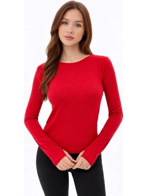 Vesantia Kadın Kırmızı Parmak Geçmeli Uzun Kollu Bisiklet Yaka Likralı Bluz