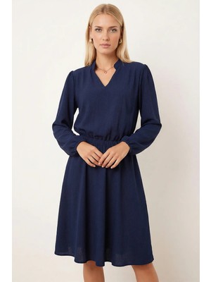 Armonika Kadın Lacivert V Yaka Beli Lastikli Kloş Elbise ARM-26K001094