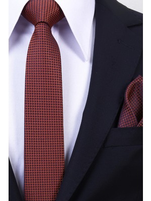 Esgue Hand Made 6 cm Slim Mini Desenli Lacivert Kiremit Renk Mendilli Ince Kravat